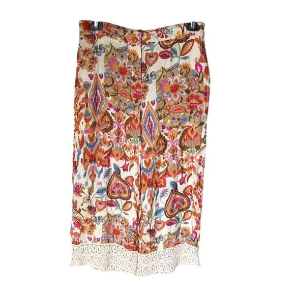 Zara Women's Floral Wide-Leg Cropped Pants Lace Trim Multicolor Size L Boho - Picture 1 of 6